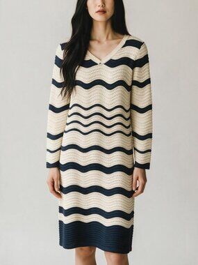 NWT Super Natural by Secret Mission Stripe Crochet Knit Sweater Dress Cream Sz L